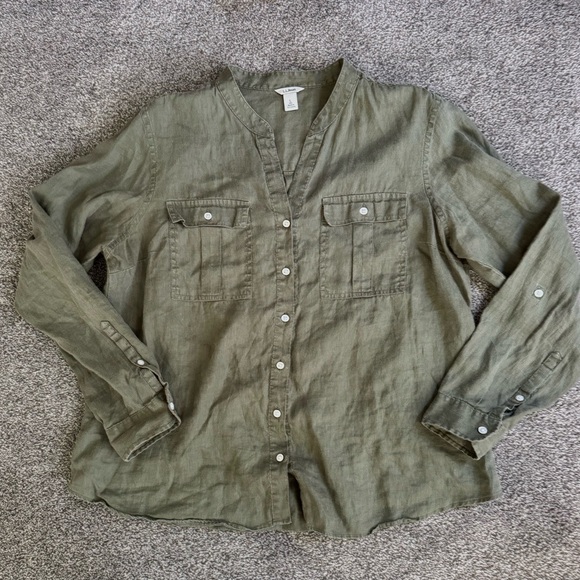 L.L. Bean Olive Button Down Shirt - Picture 1 of 7
